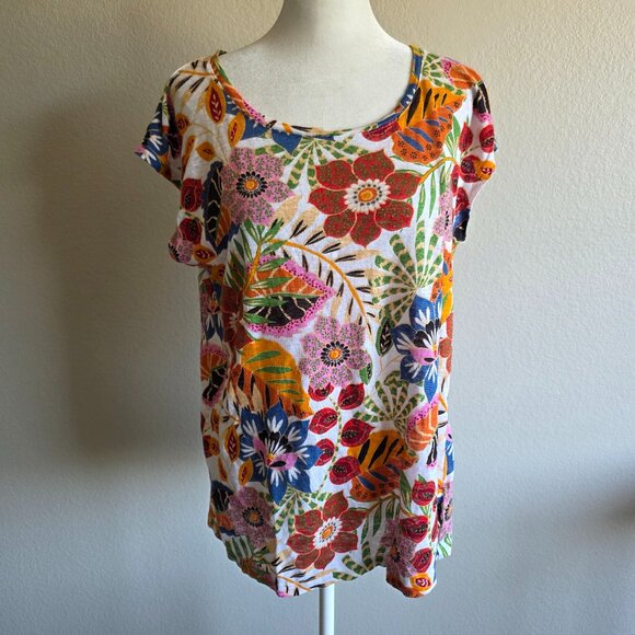 NEW C & C California Artsy Floral Linen Top Bright Colorful Button Back Size M - Picture 1 of 8